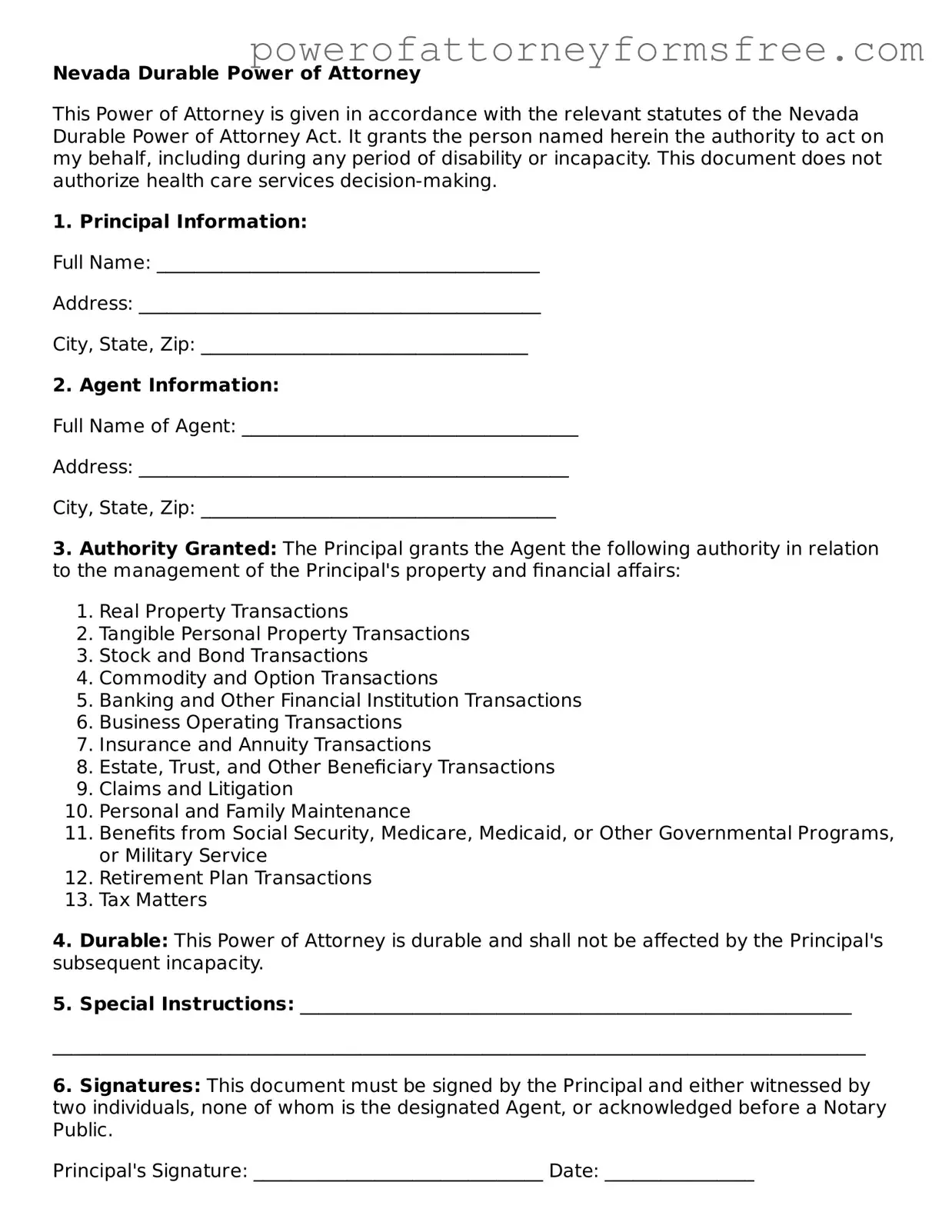 Fillable Durable Power of Attorney Document for Nevada State