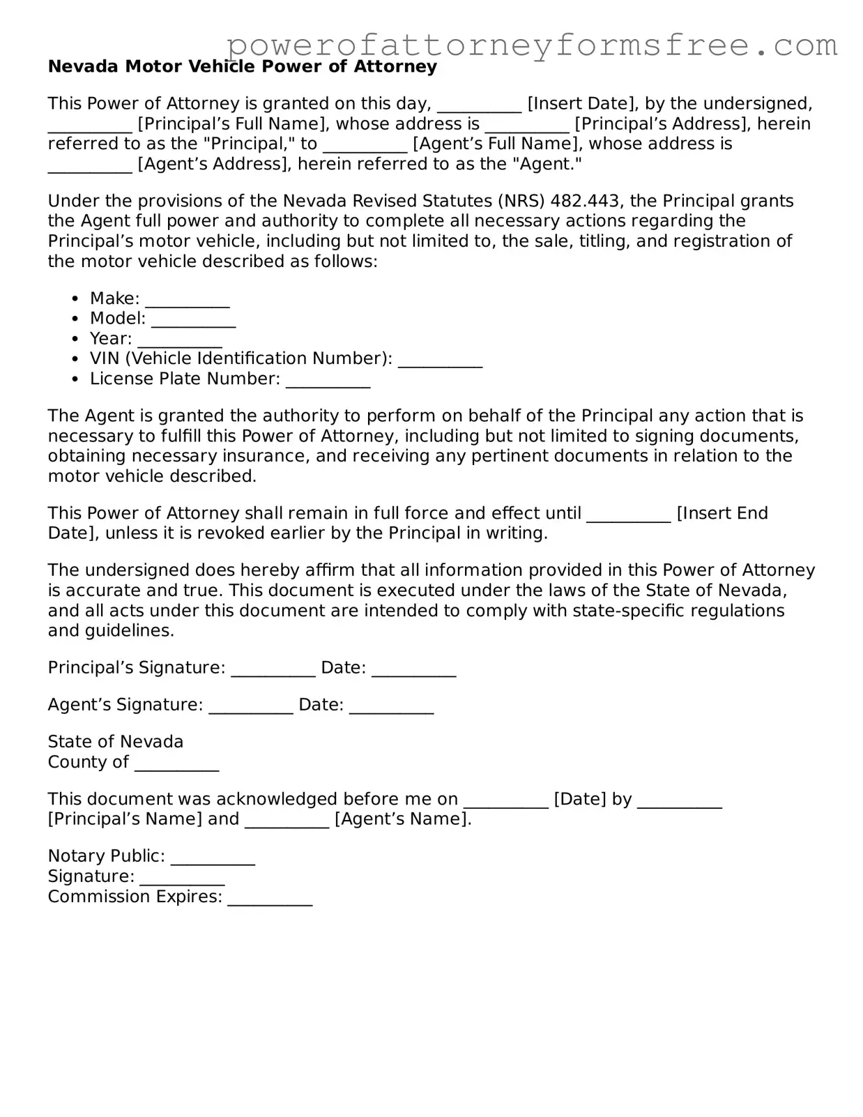 Fillable Motor Vehicle Power of Attorney Document for Nevada State