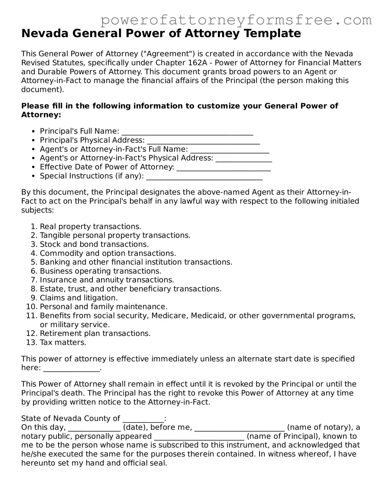 Fillable General Power of Attorney Document for Nevada State