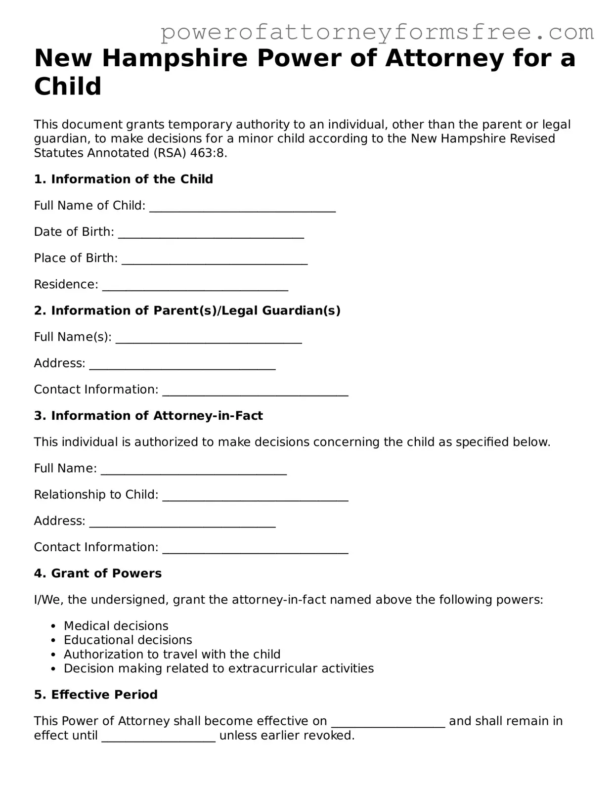 Fillable Power of Attorney for a Child Document for New Hampshire State