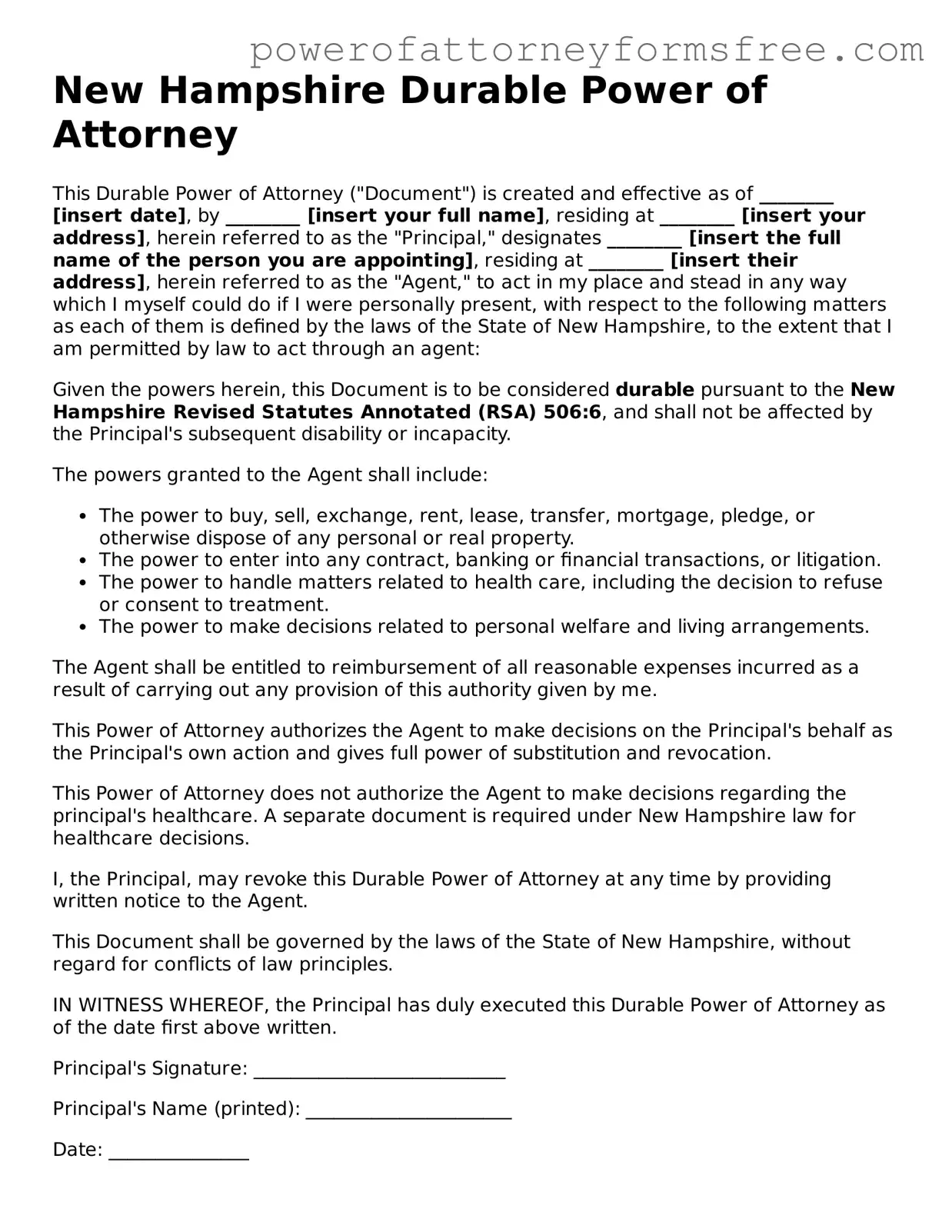 Fillable Durable Power of Attorney Document for New Hampshire State