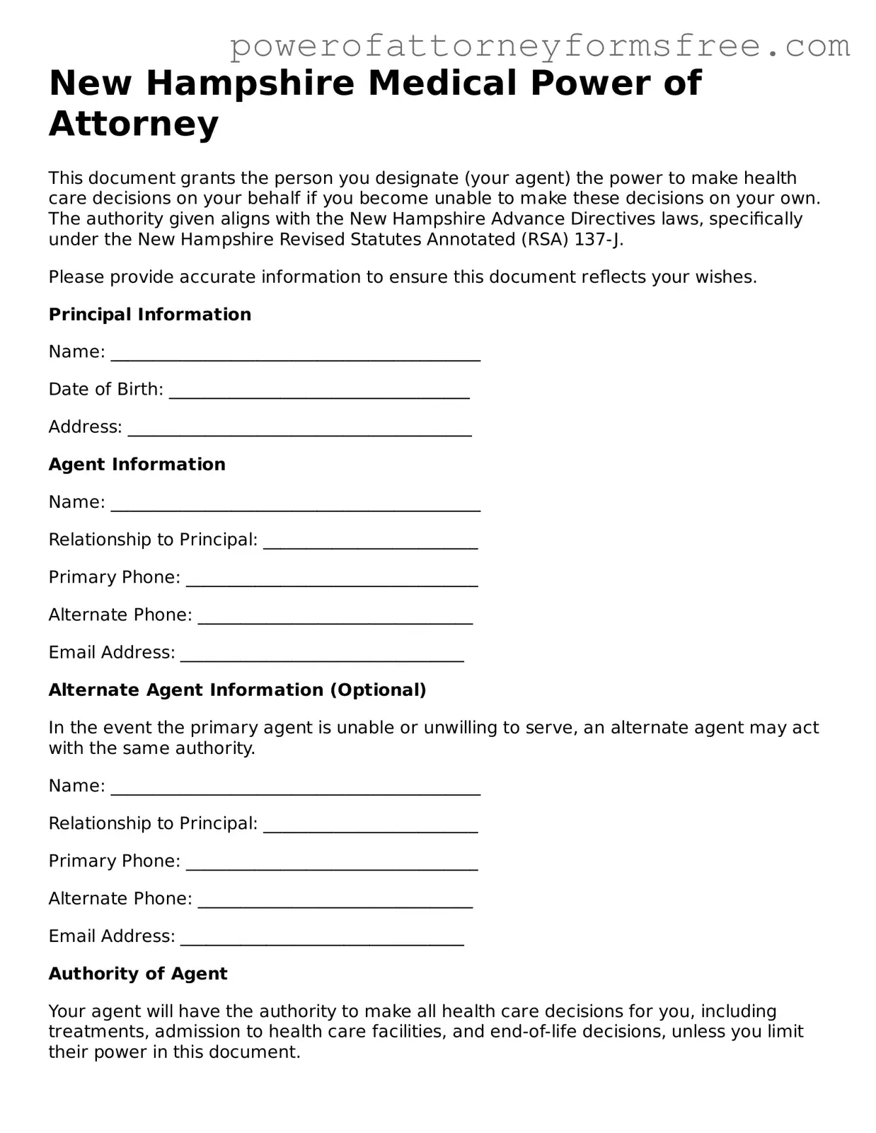 Fillable Medical Power of Attorney Document for New Hampshire State