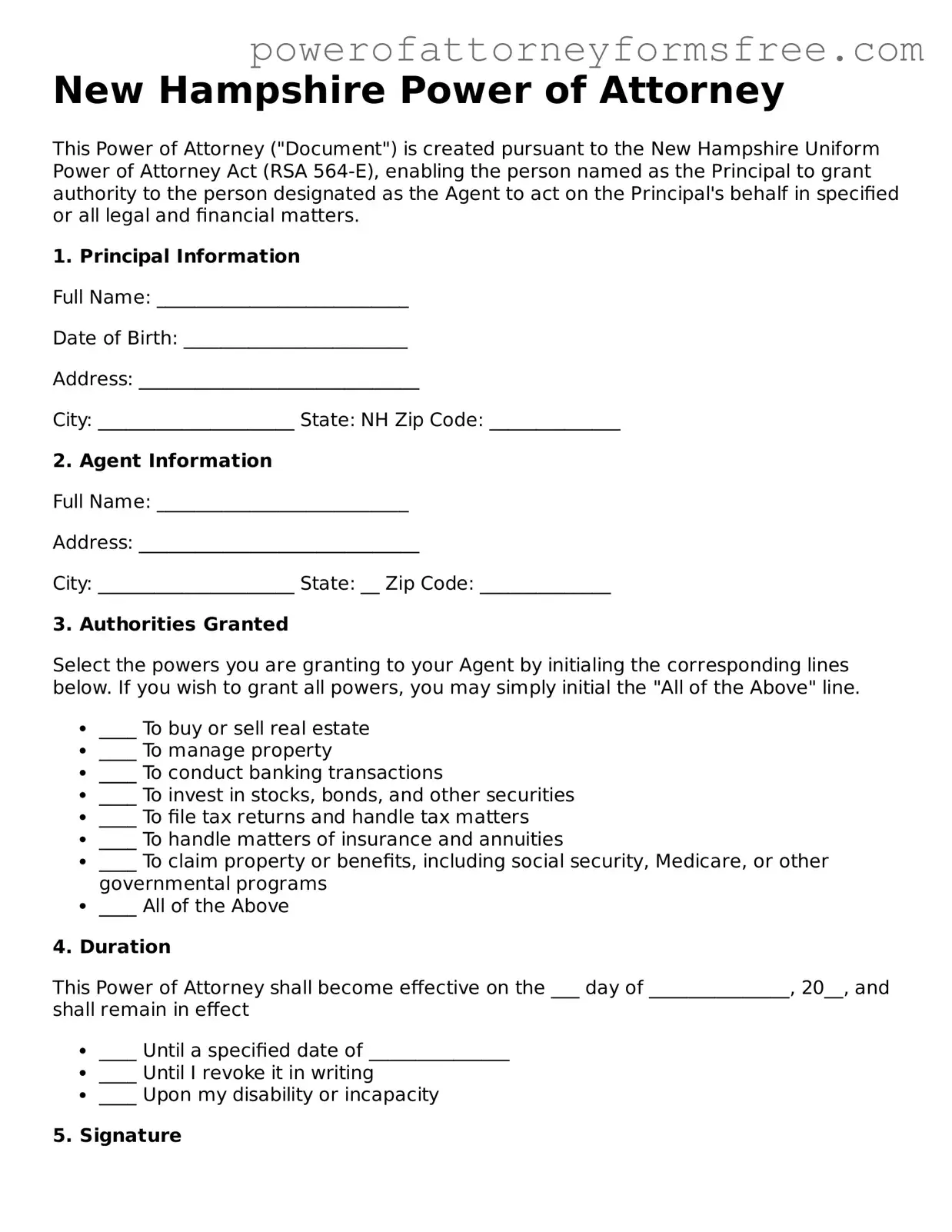 Fillable Power of Attorney Document for New Hampshire State