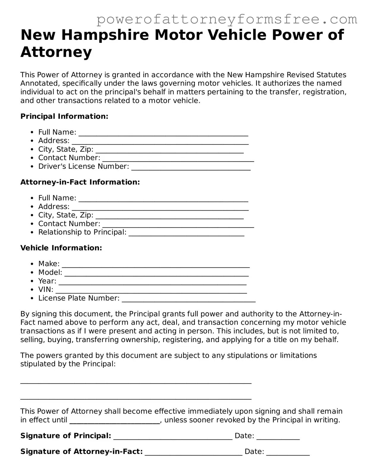 Fillable Motor Vehicle Power of Attorney Document for New Hampshire State