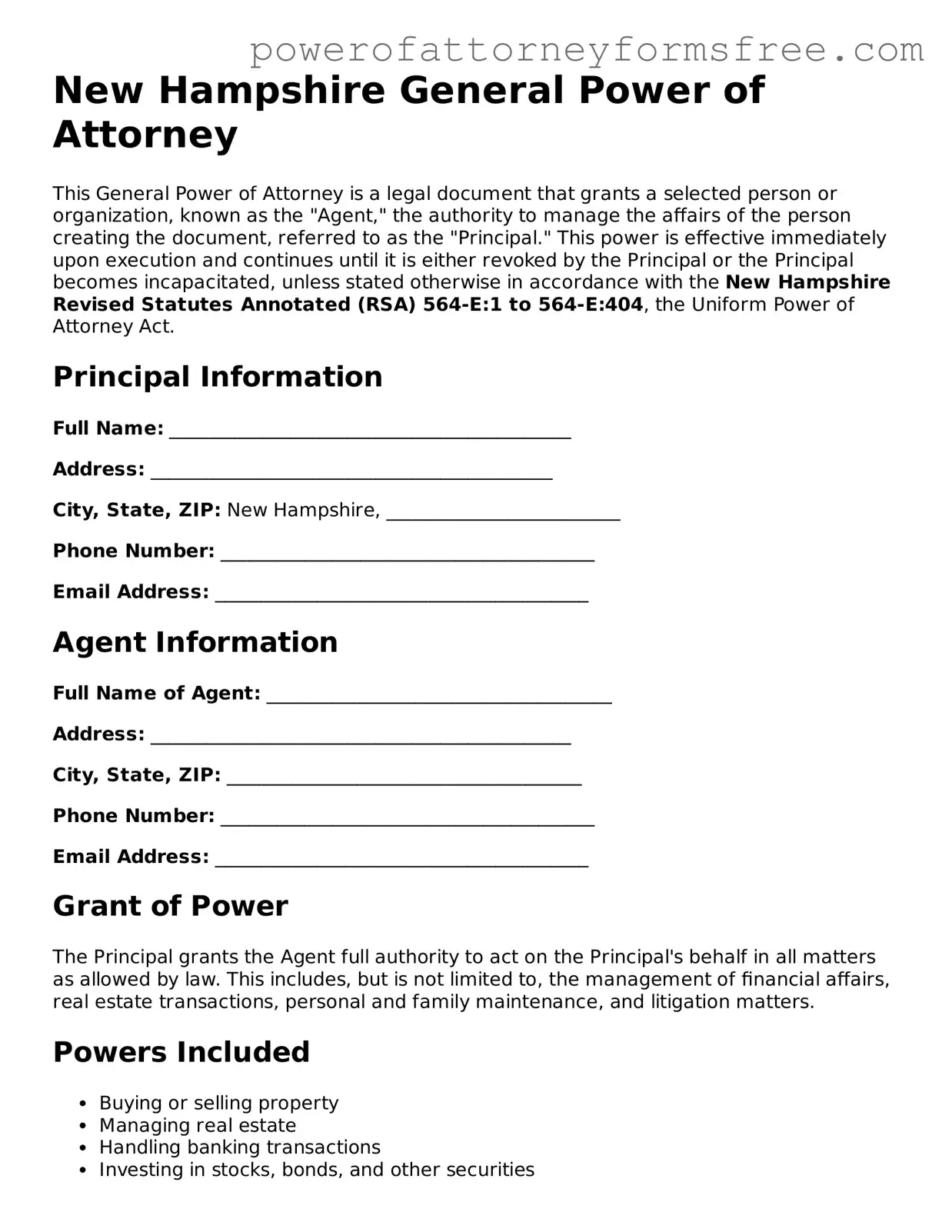 Fillable General Power of Attorney Document for New Hampshire State