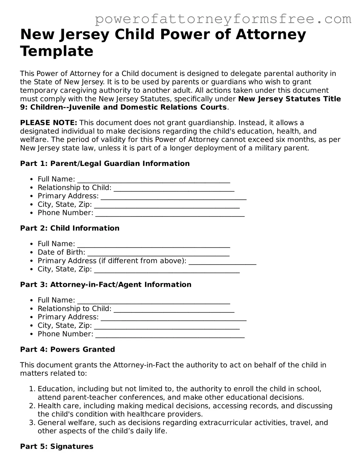 Fillable Power of Attorney for a Child Document for New Jersey State