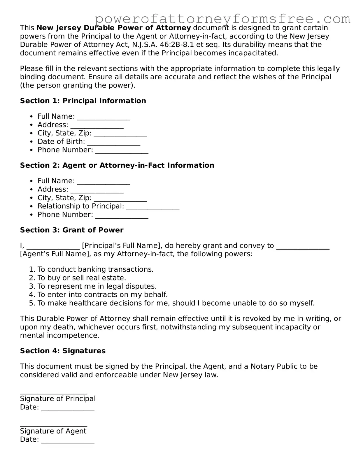Fillable Durable Power of Attorney Document for New Jersey State