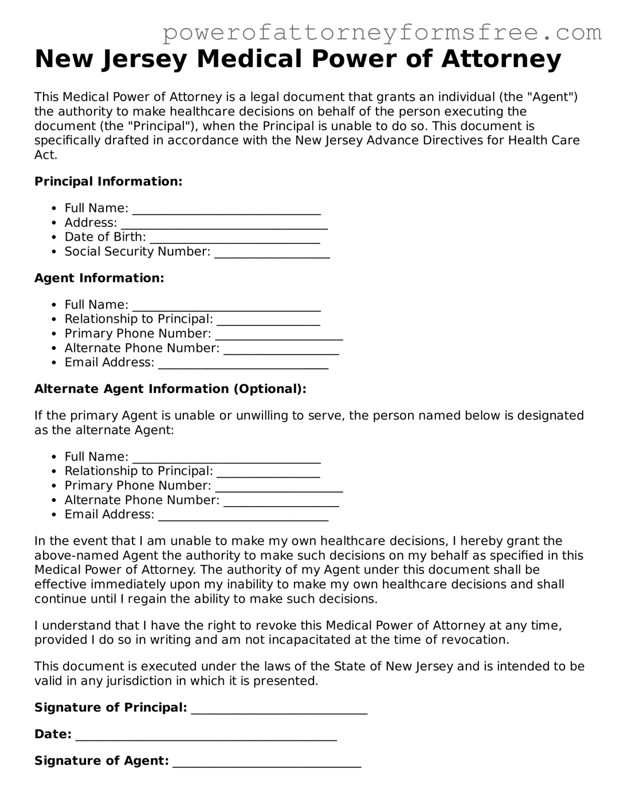 Fillable Medical Power of Attorney Document for New Jersey State