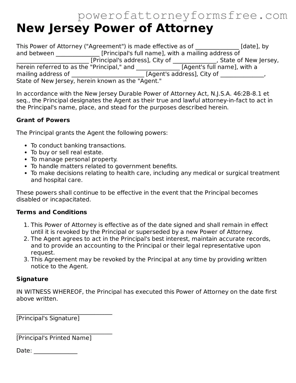 Fillable Power of Attorney Document for New Jersey State