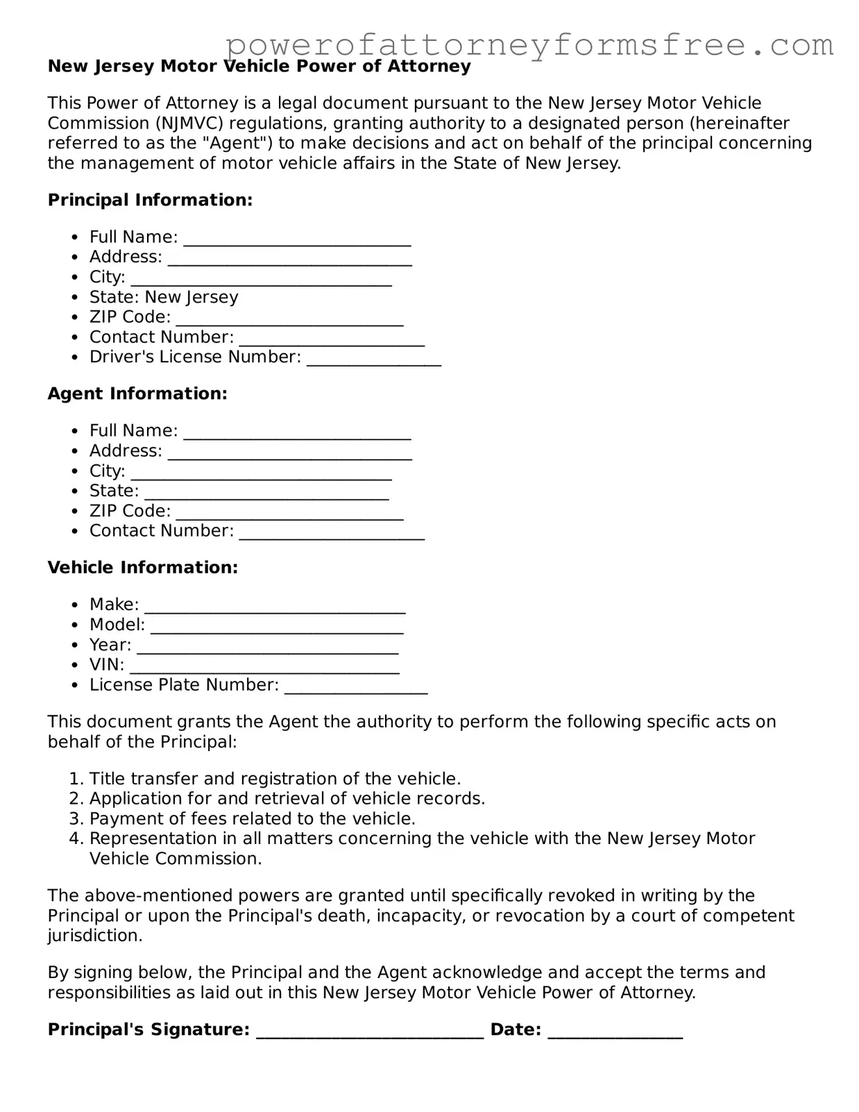 Fillable Motor Vehicle Power of Attorney Document for New Jersey State