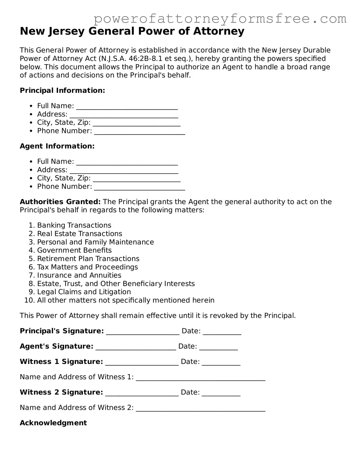 Fillable General Power of Attorney Document for New Jersey State