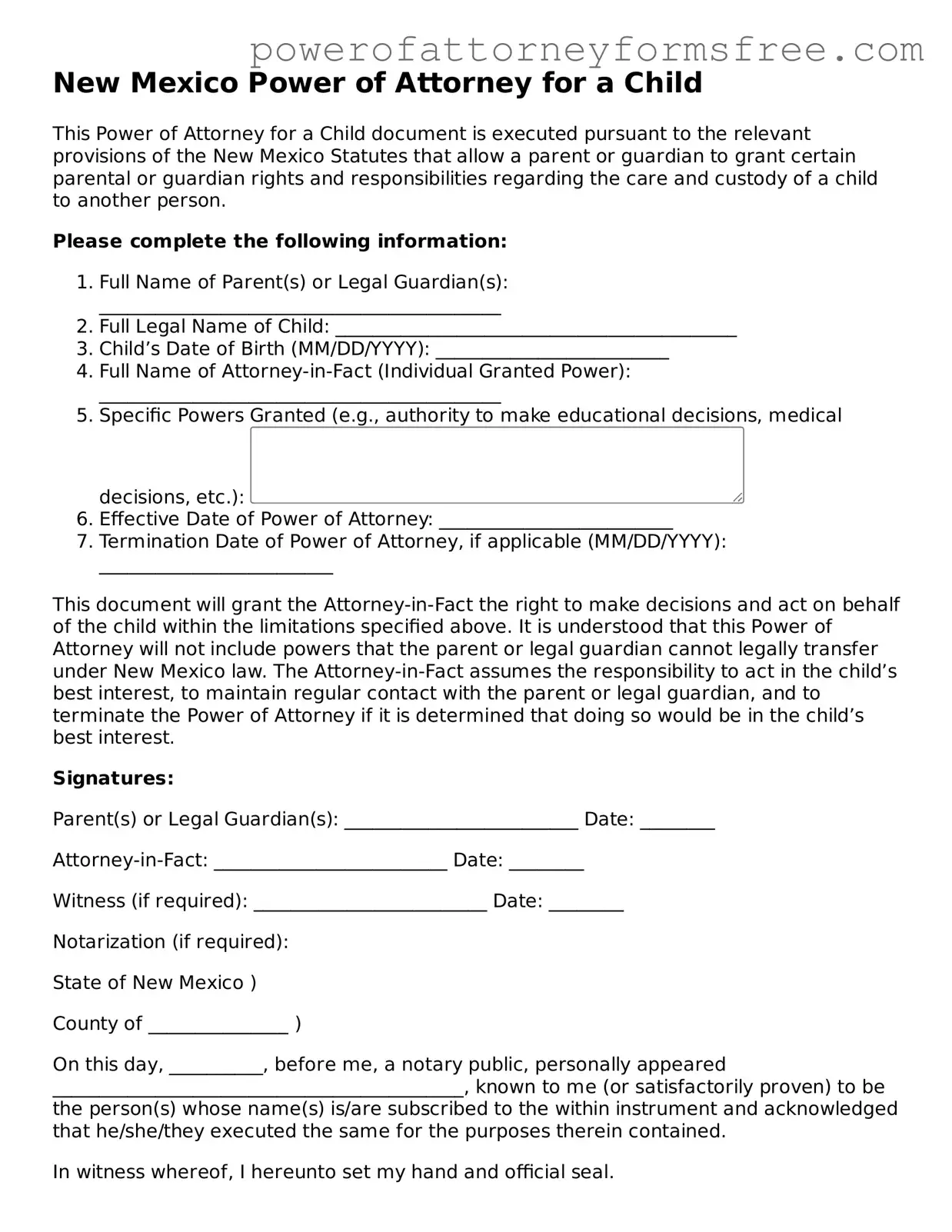 Fillable Power of Attorney for a Child Document for New Mexico State