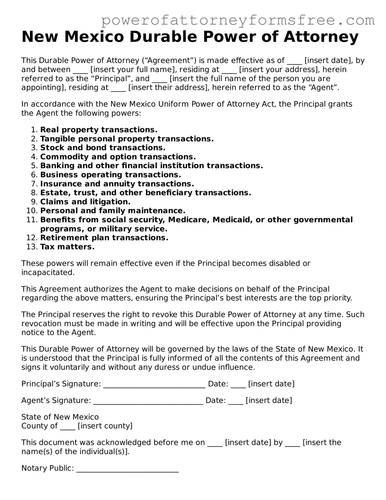 Fillable Durable Power of Attorney Document for New Mexico State