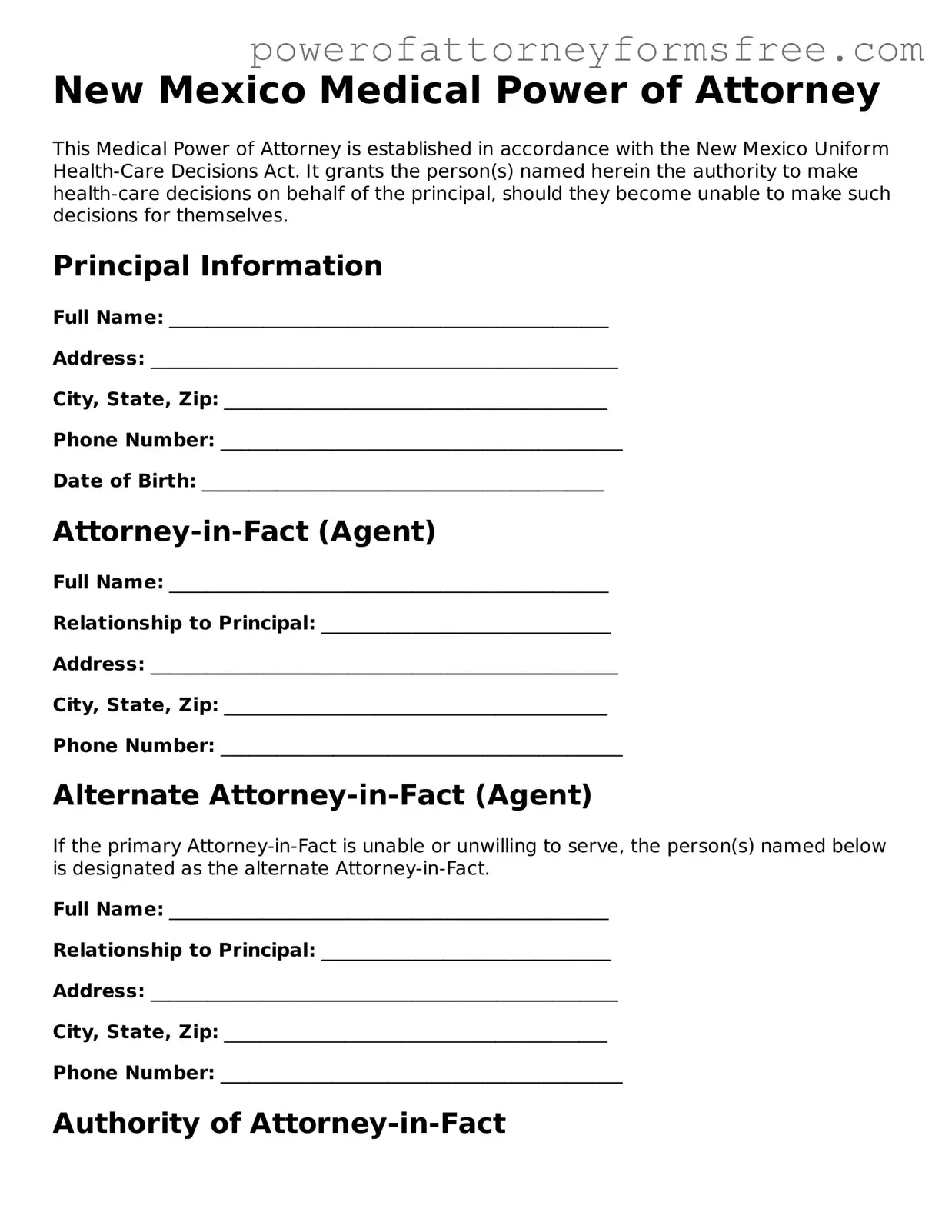 Fillable Medical Power of Attorney Document for New Mexico State
