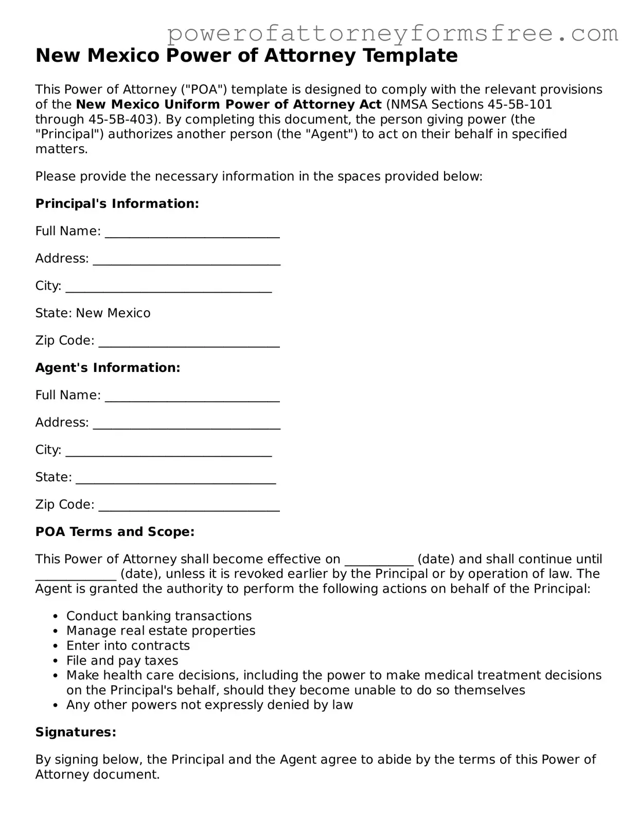 Fillable Power of Attorney Document for New Mexico State