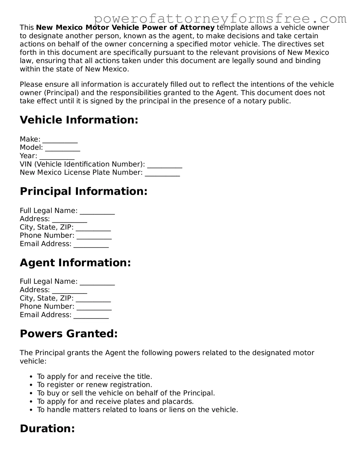 Fillable Motor Vehicle Power of Attorney Document for New Mexico State