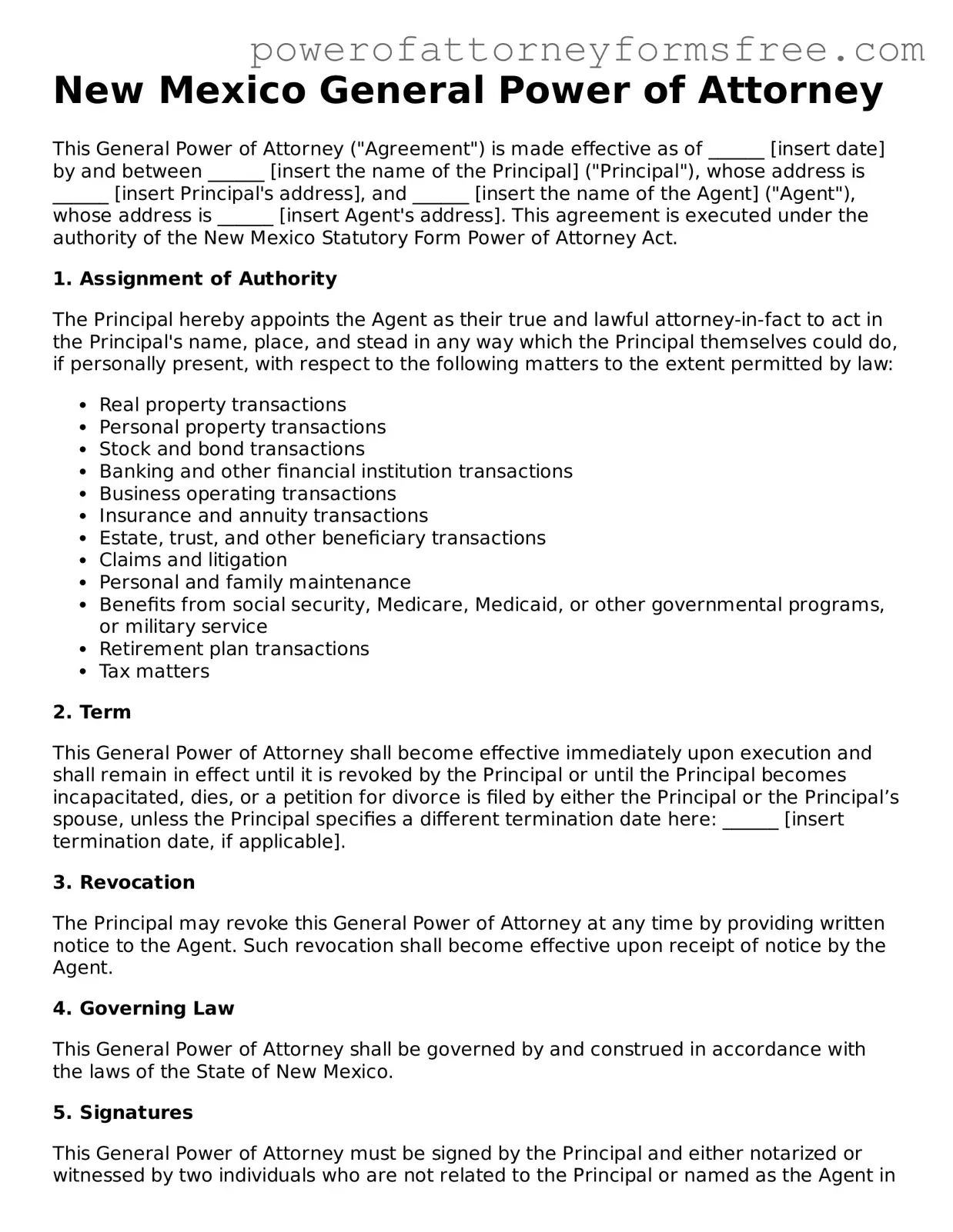 Fillable General Power of Attorney Document for New Mexico State