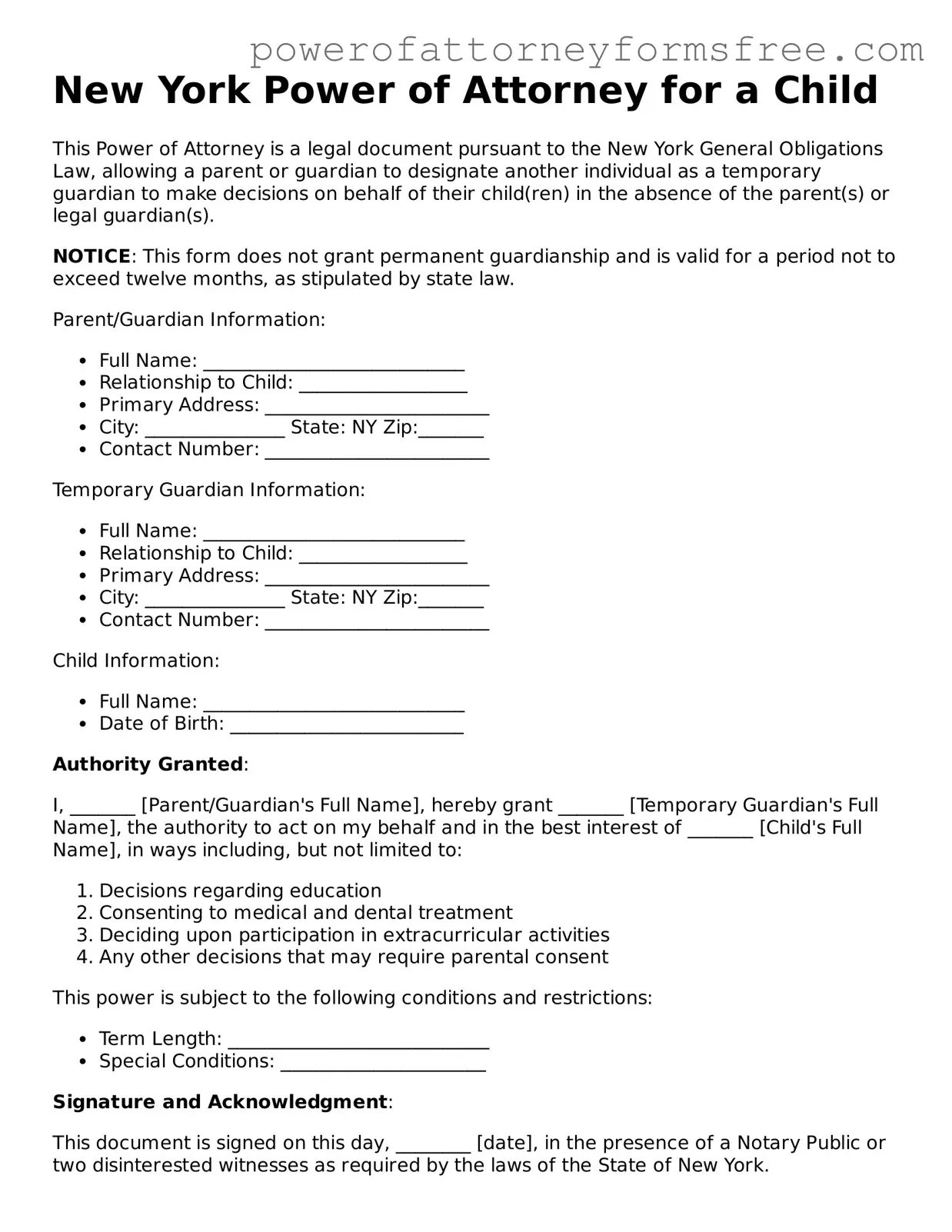 Fillable Power of Attorney for a Child Document for New York State