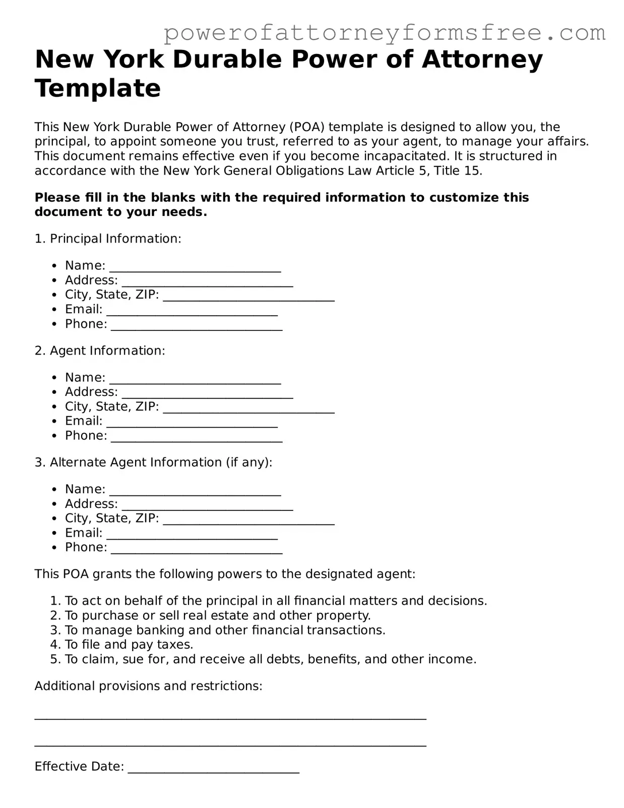 Fillable Durable Power of Attorney Document for New York State