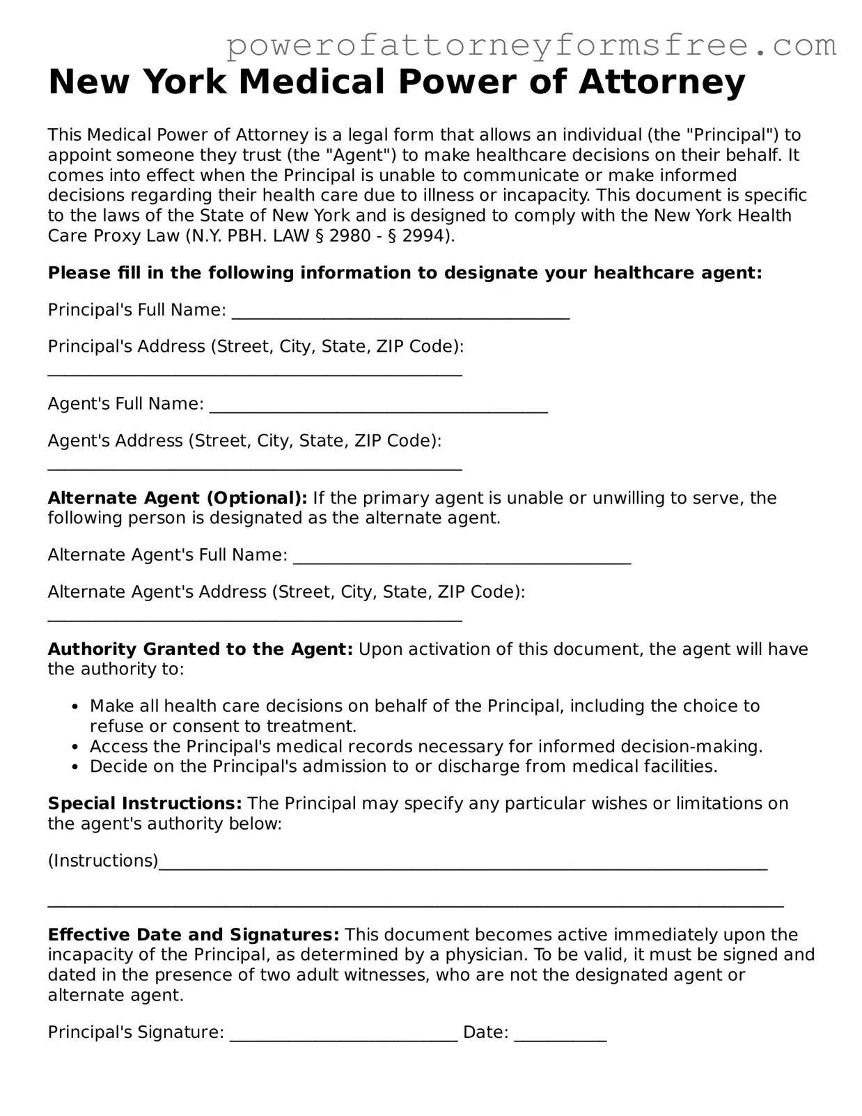 Fillable Medical Power of Attorney Document for New York State