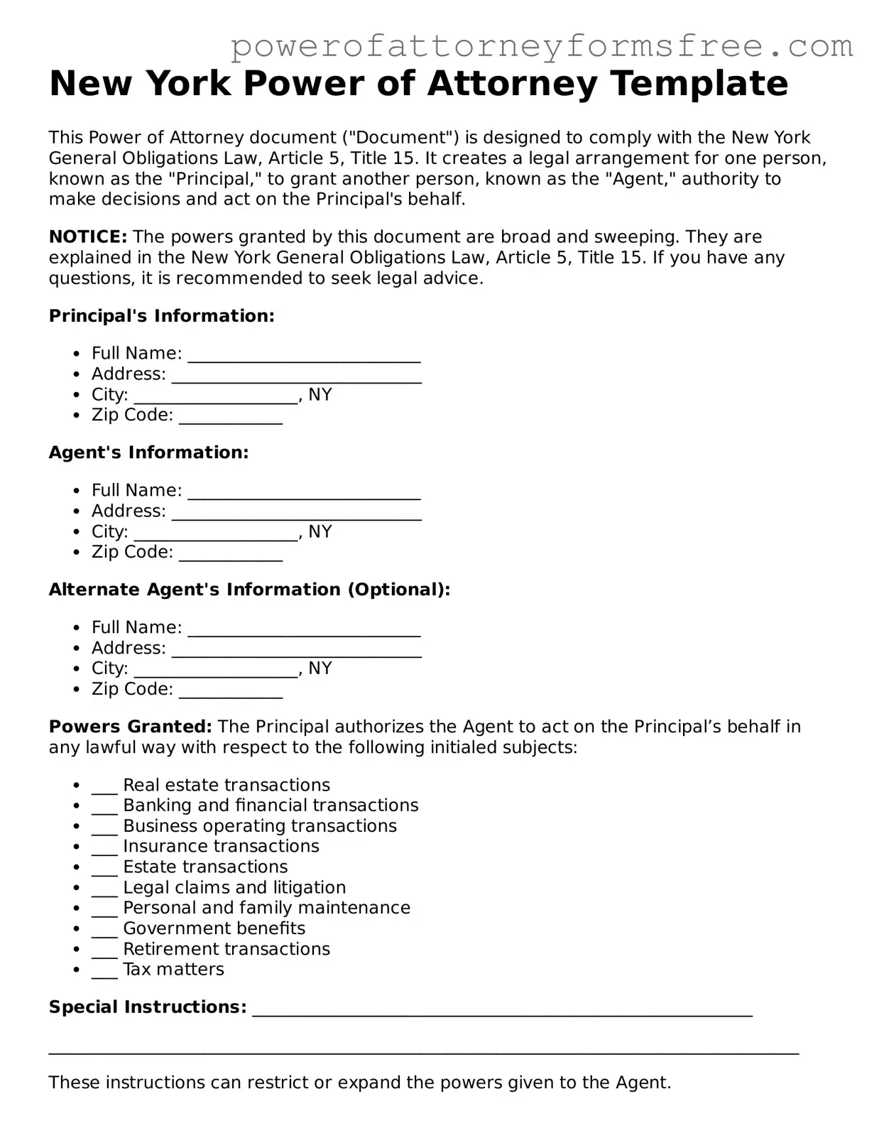 Fillable Power of Attorney Document for New York State