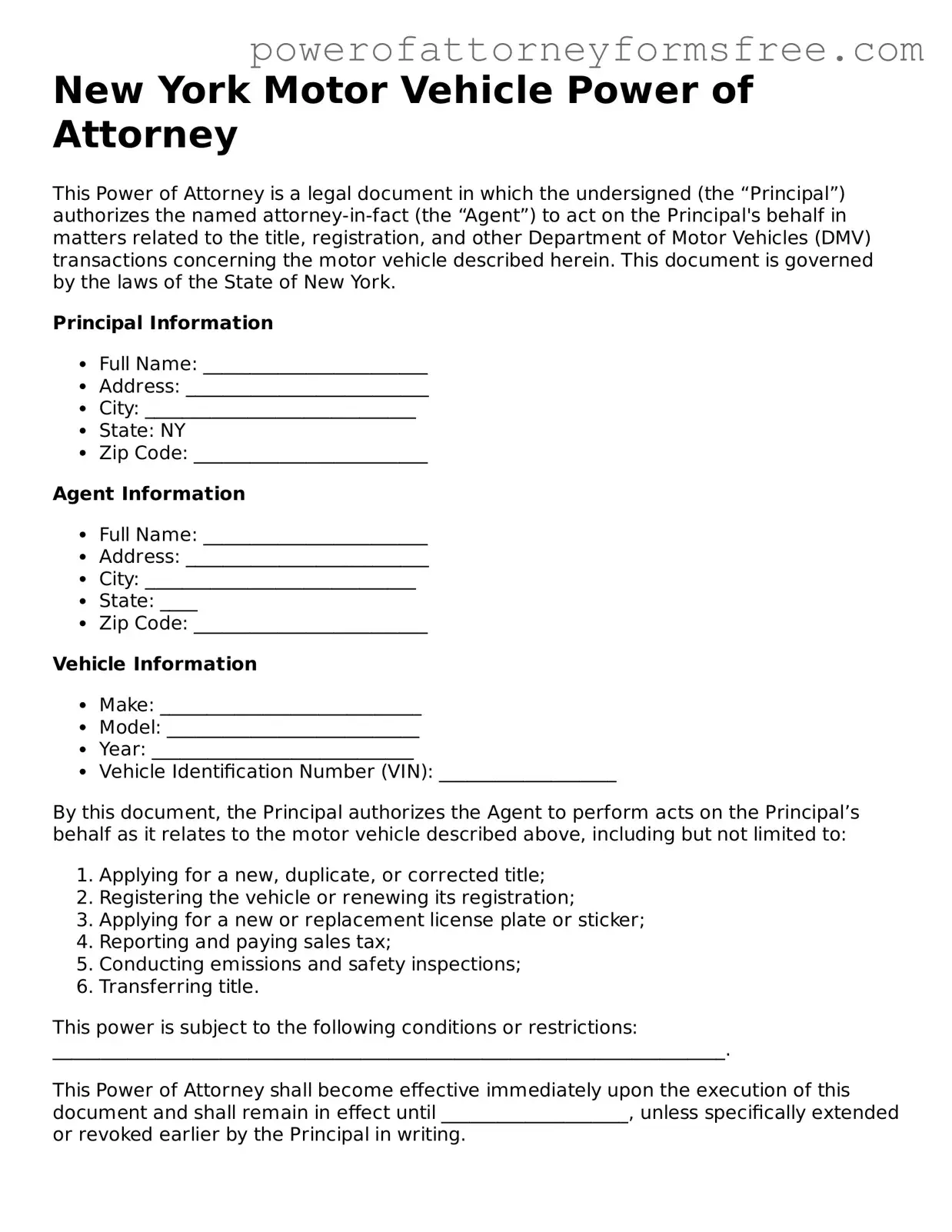 Fillable Motor Vehicle Power of Attorney Document for New York State