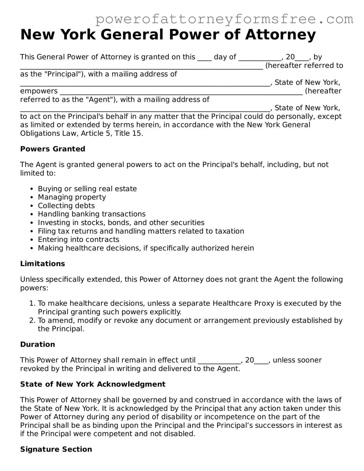 Fillable General Power of Attorney Document for New York State