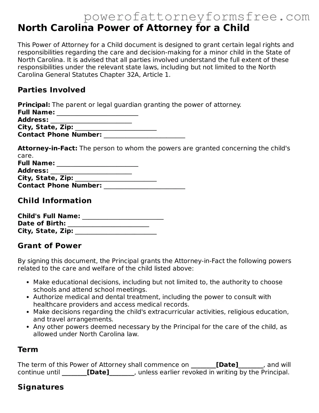 Fillable Power of Attorney for a Child Document for North Carolina State