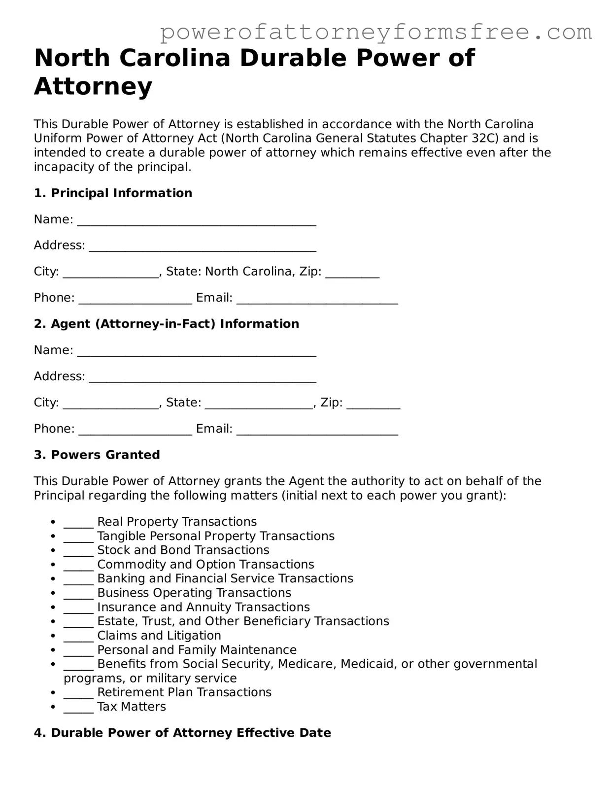 Fillable Durable Power of Attorney Document for North Carolina State
