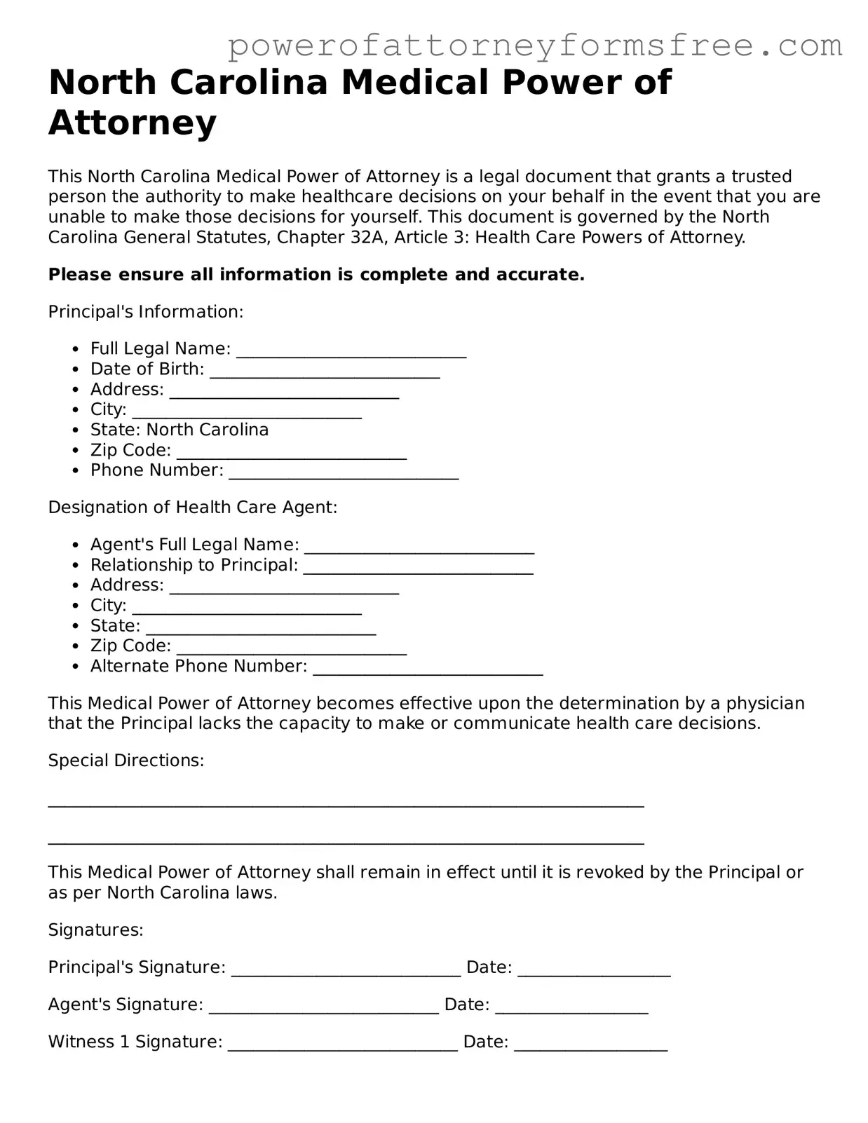 Fillable Medical Power of Attorney Document for North Carolina State
