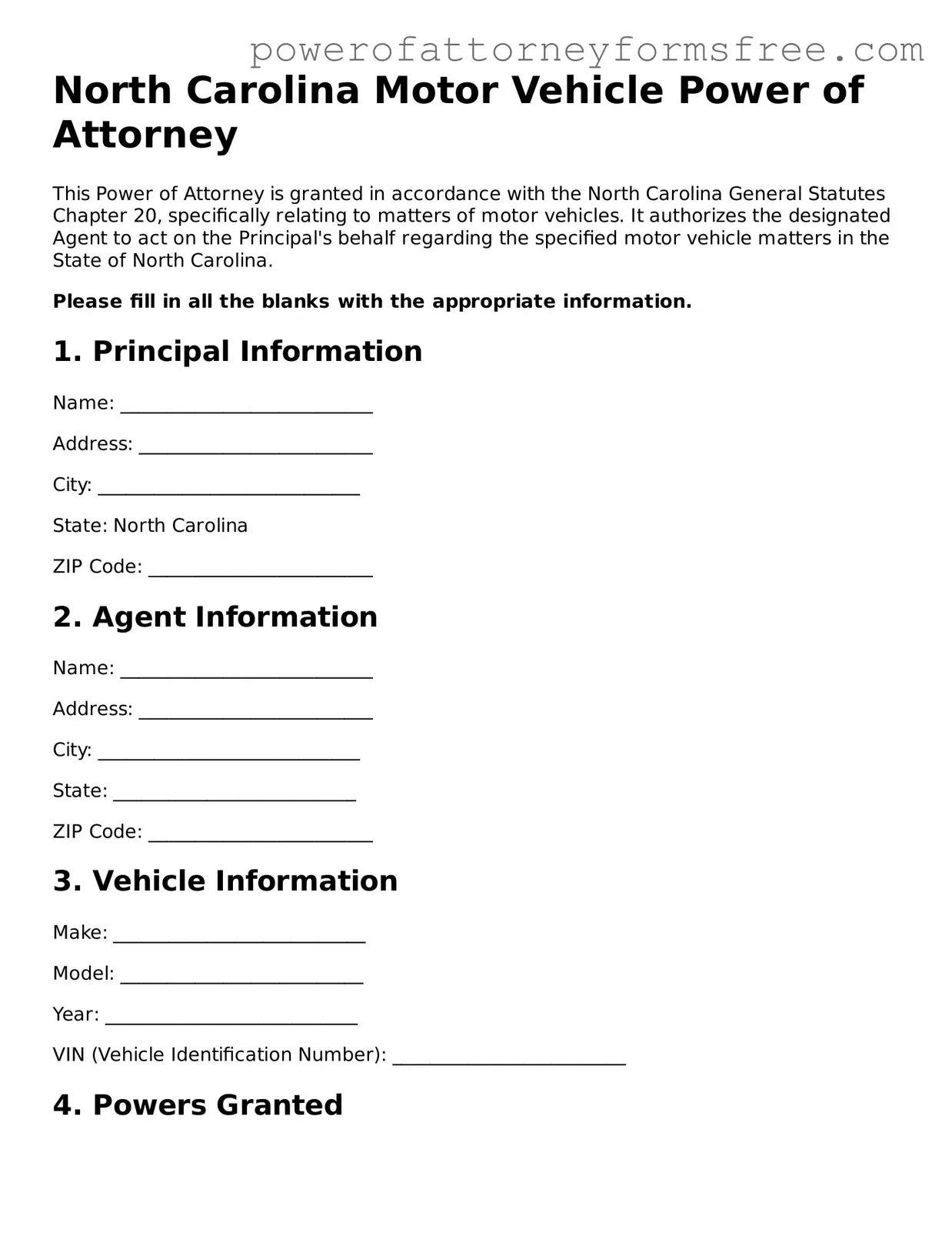 Fillable Motor Vehicle Power of Attorney Document for North Carolina State