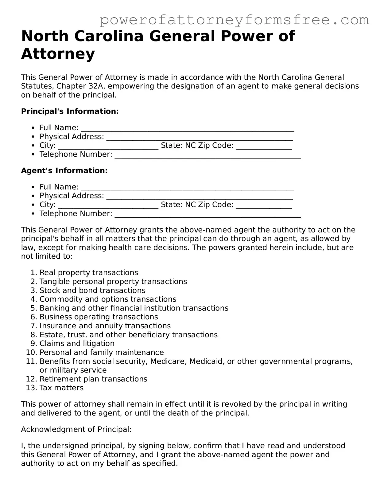 Fillable General Power of Attorney Document for North Carolina State