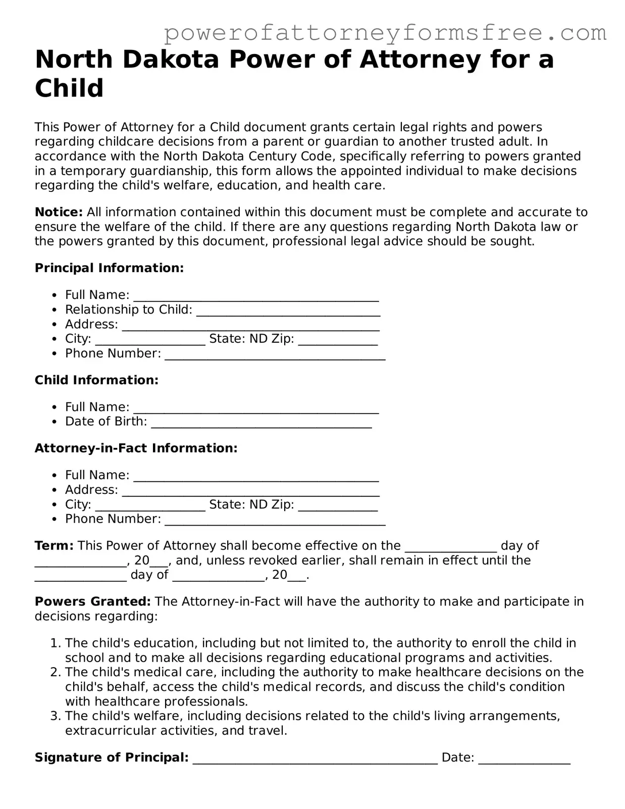Fillable Power of Attorney for a Child Document for North Dakota State