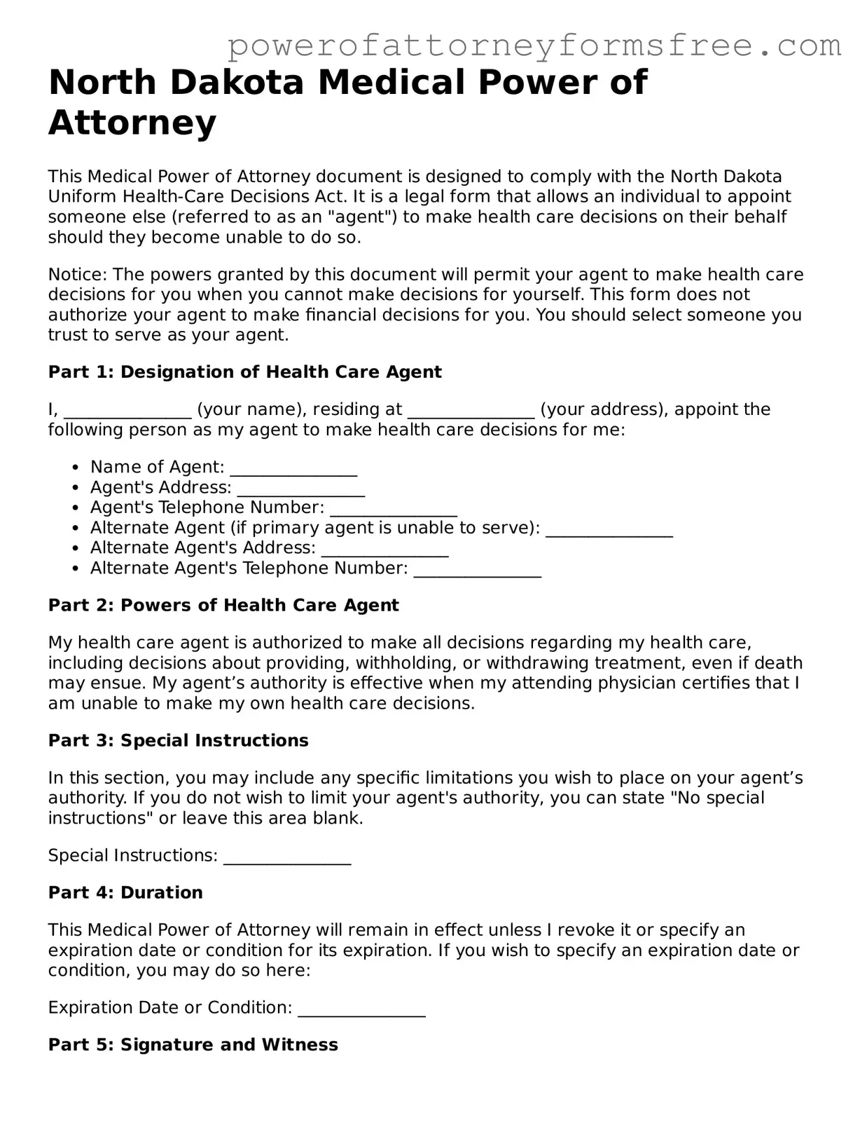 Fillable Medical Power of Attorney Document for North Dakota State