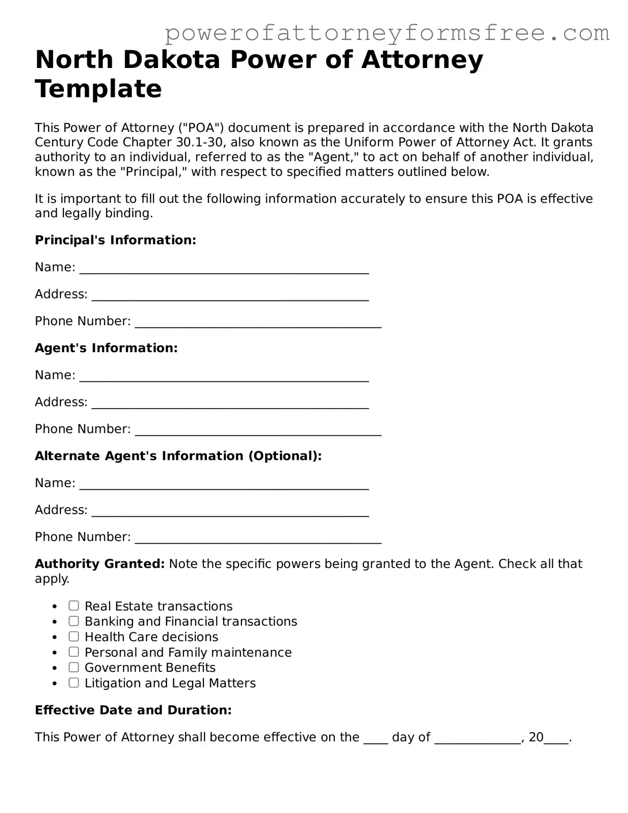 Fillable Power of Attorney Document for North Dakota State