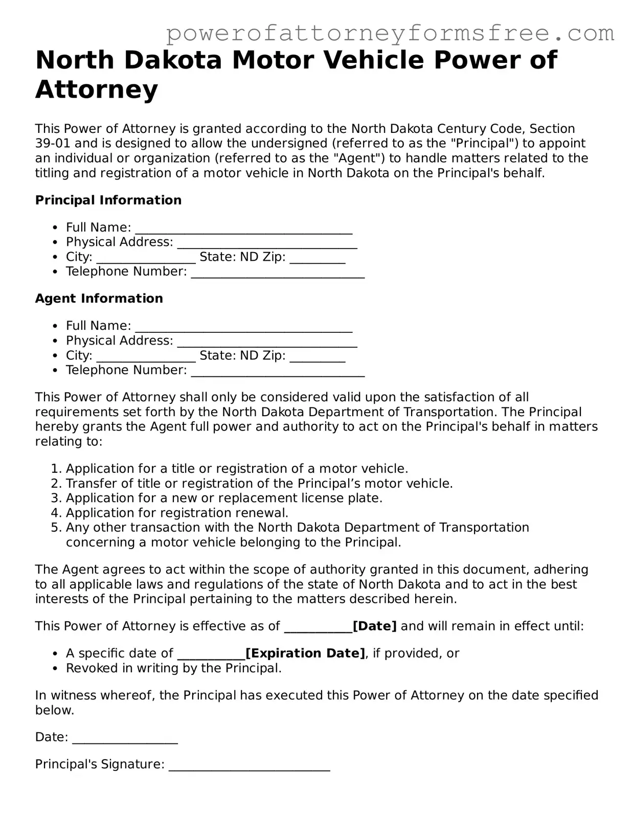 Fillable Motor Vehicle Power of Attorney Document for North Dakota State