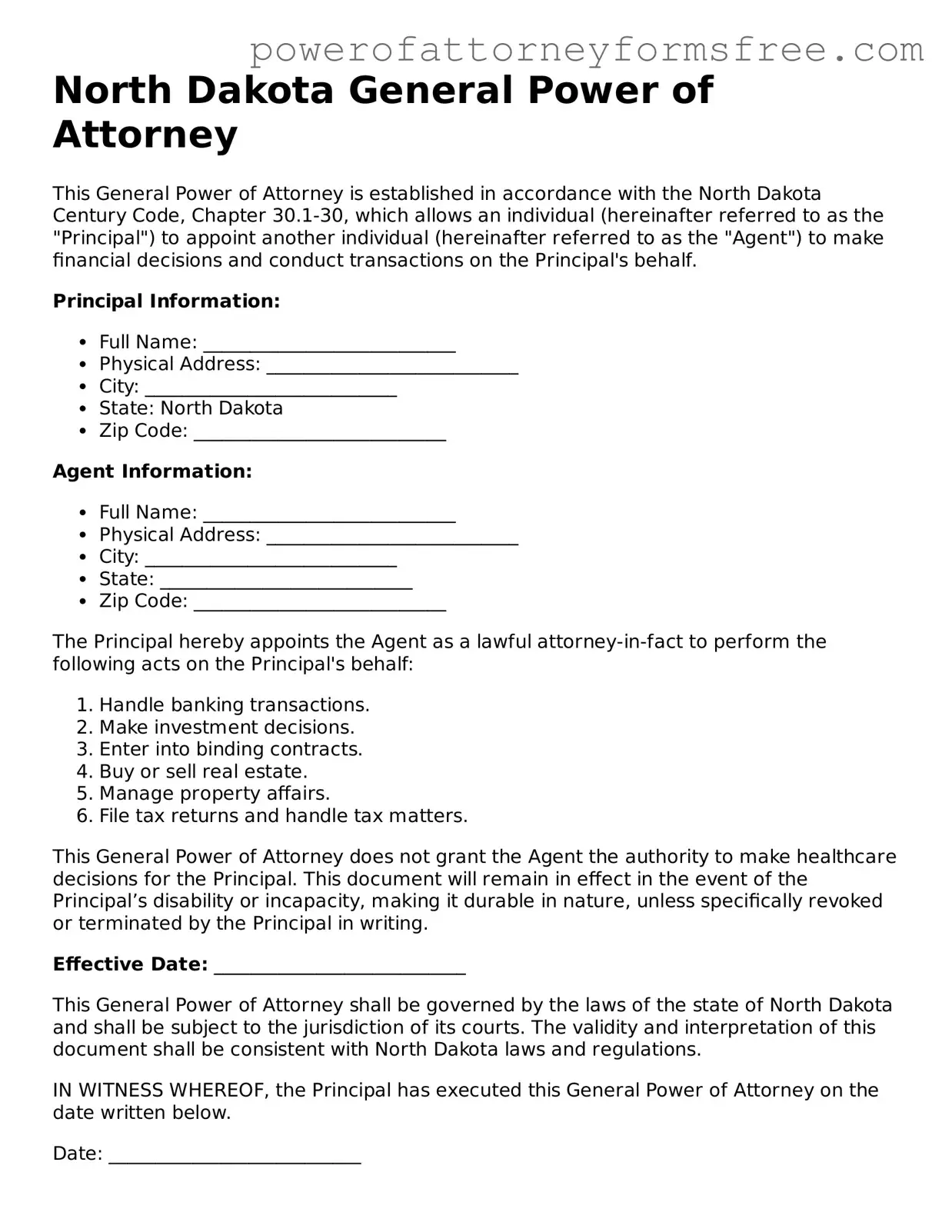 Fillable General Power of Attorney Document for North Dakota State