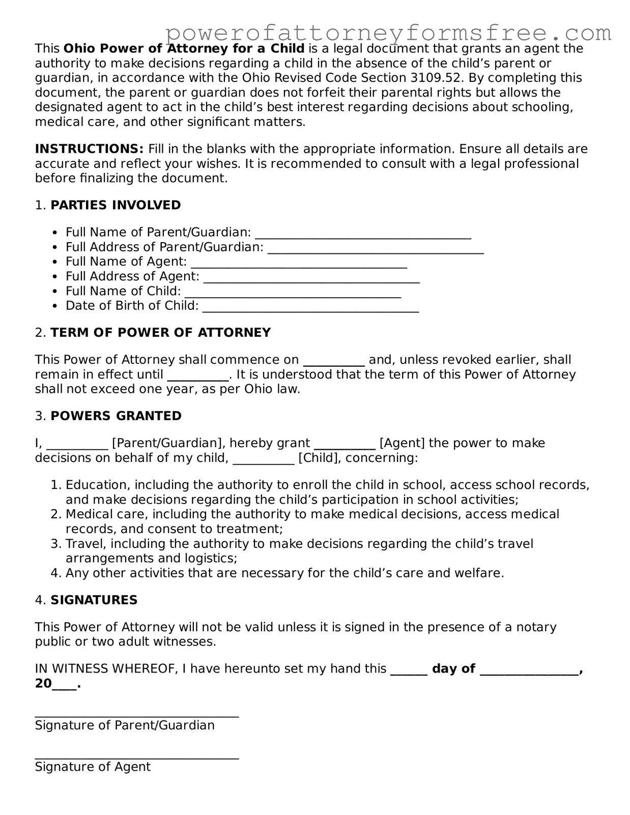 Fillable Power of Attorney for a Child Document for Ohio State