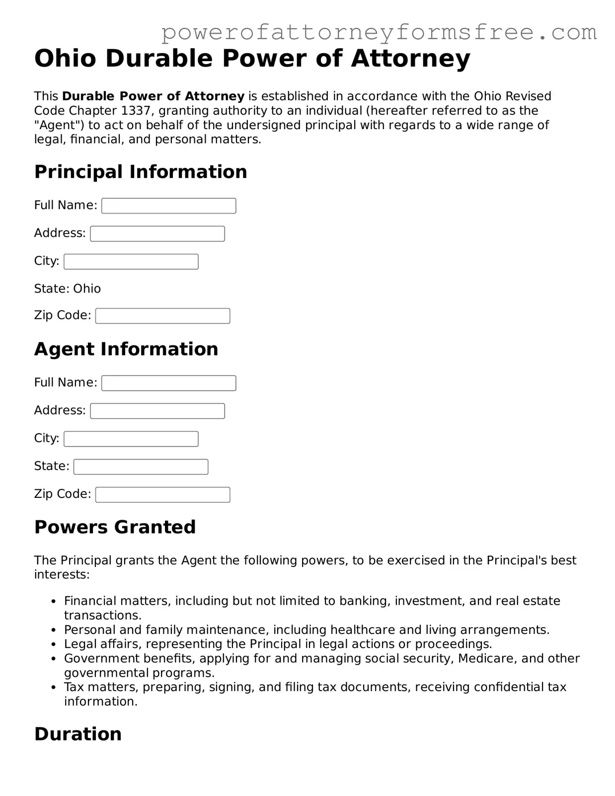 Fillable Durable Power of Attorney Document for Ohio State