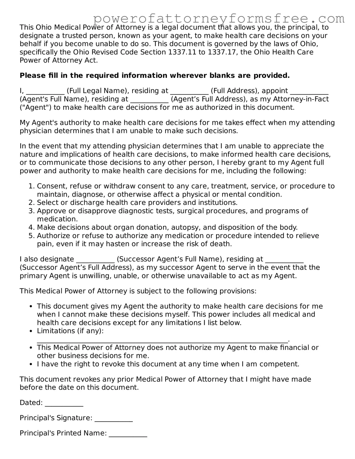 Fillable Medical Power of Attorney Document for Ohio State
