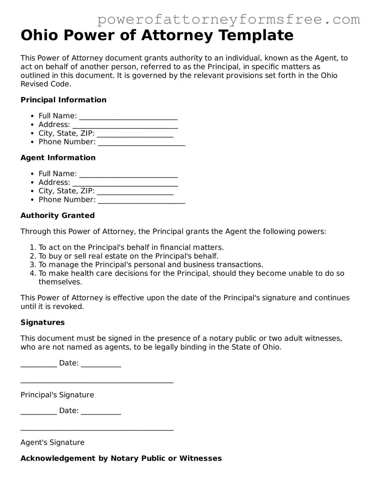 Fillable Power of Attorney Document for Ohio State