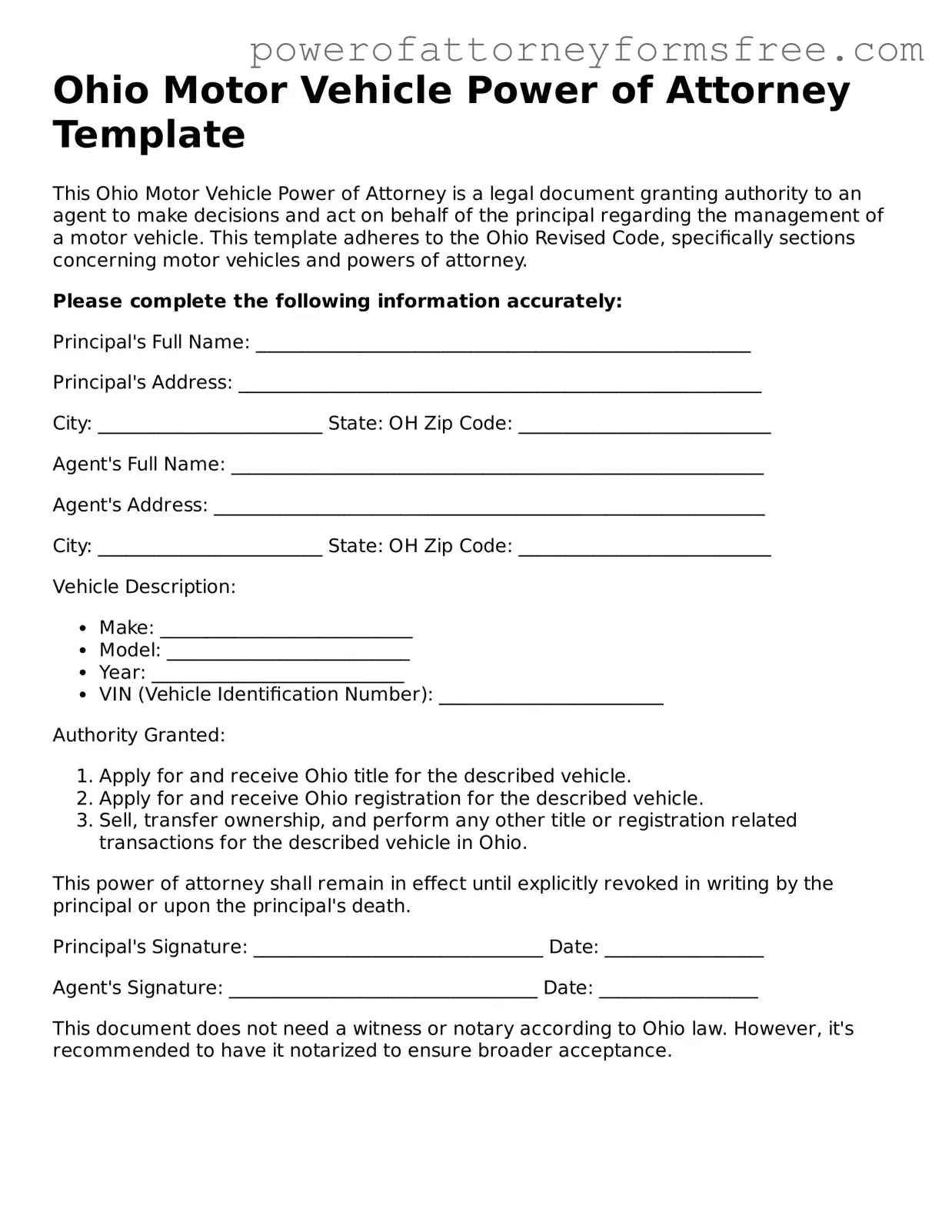 Fillable Motor Vehicle Power of Attorney Document for Ohio State