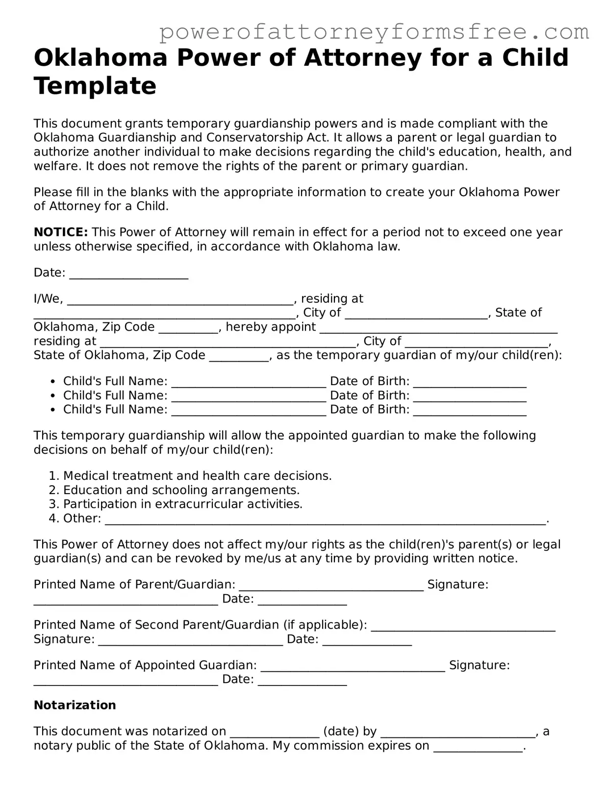 Fillable Power of Attorney for a Child Document for Oklahoma State