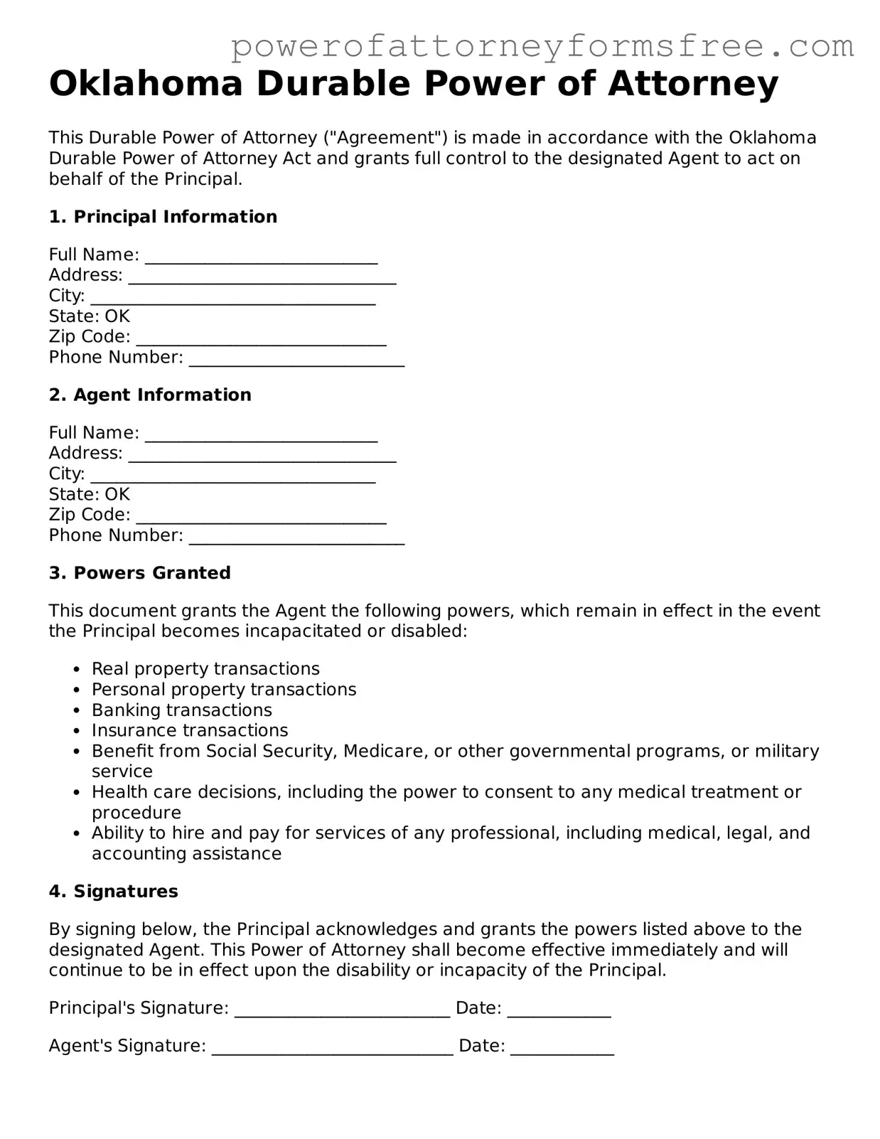 Fillable Durable Power of Attorney Document for Oklahoma State