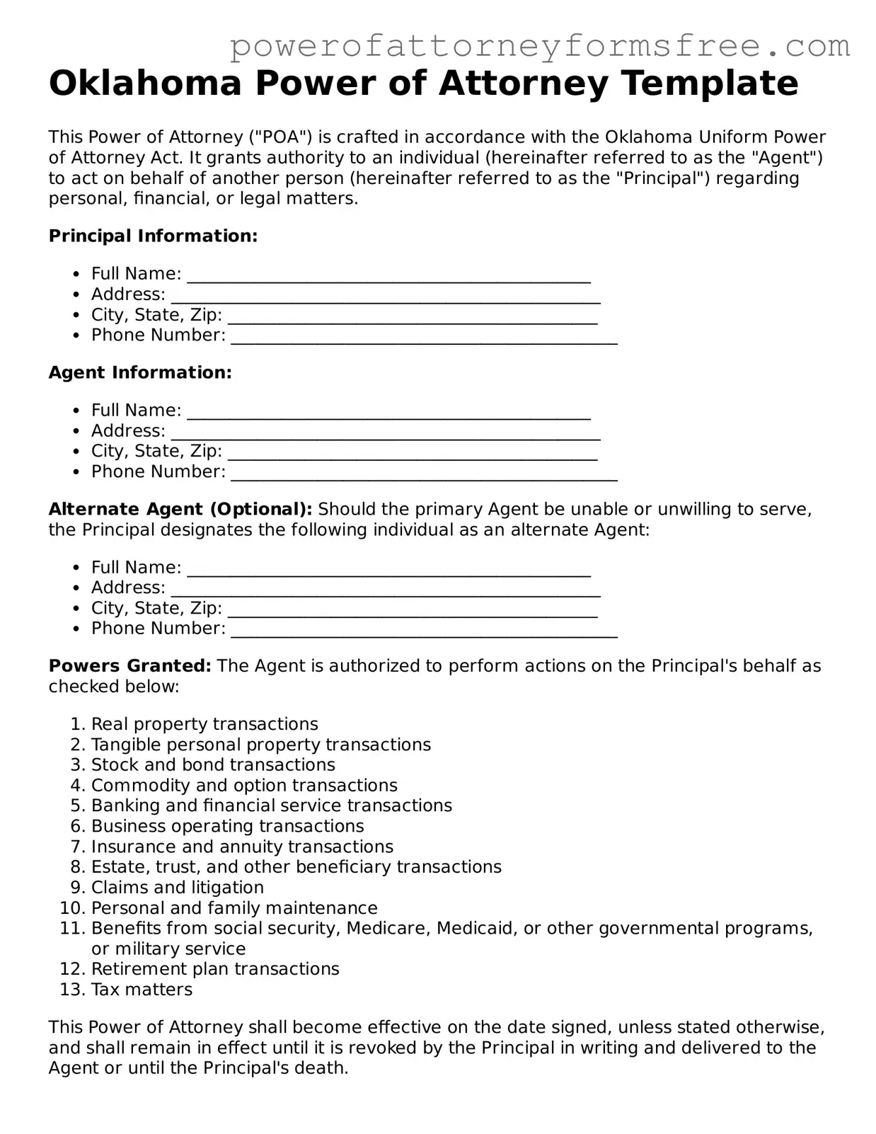 Fillable Power of Attorney Document for Oklahoma State