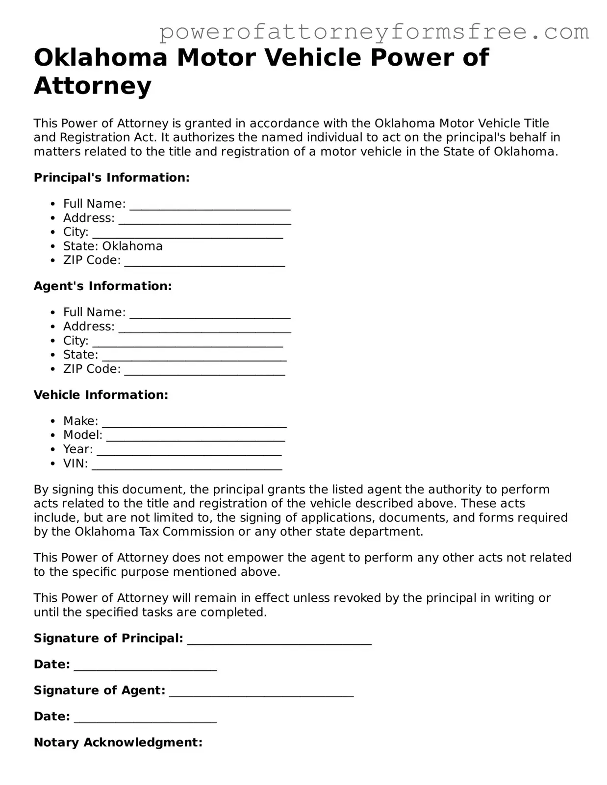 Fillable Motor Vehicle Power of Attorney Document for Oklahoma State