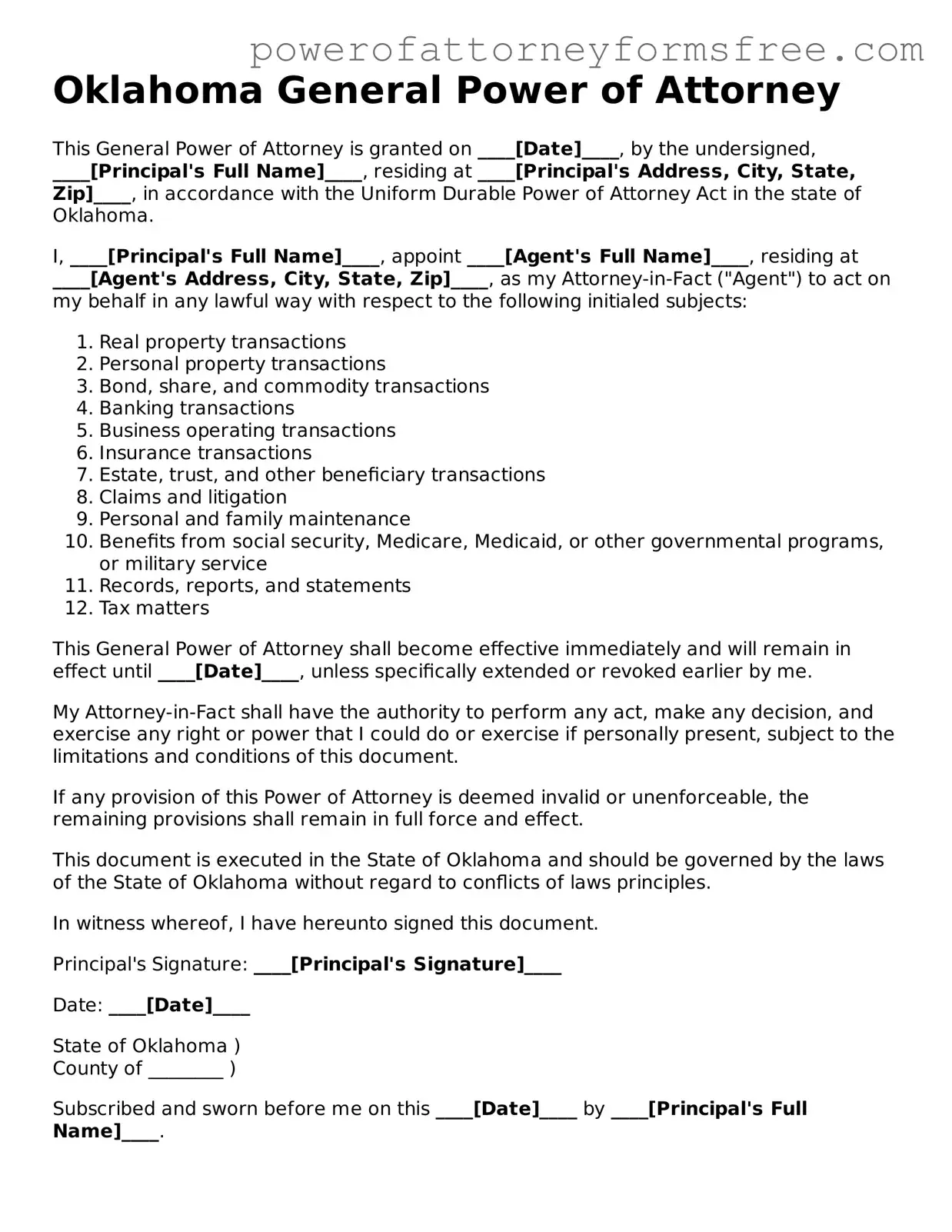 Fillable General Power of Attorney Document for Oklahoma State