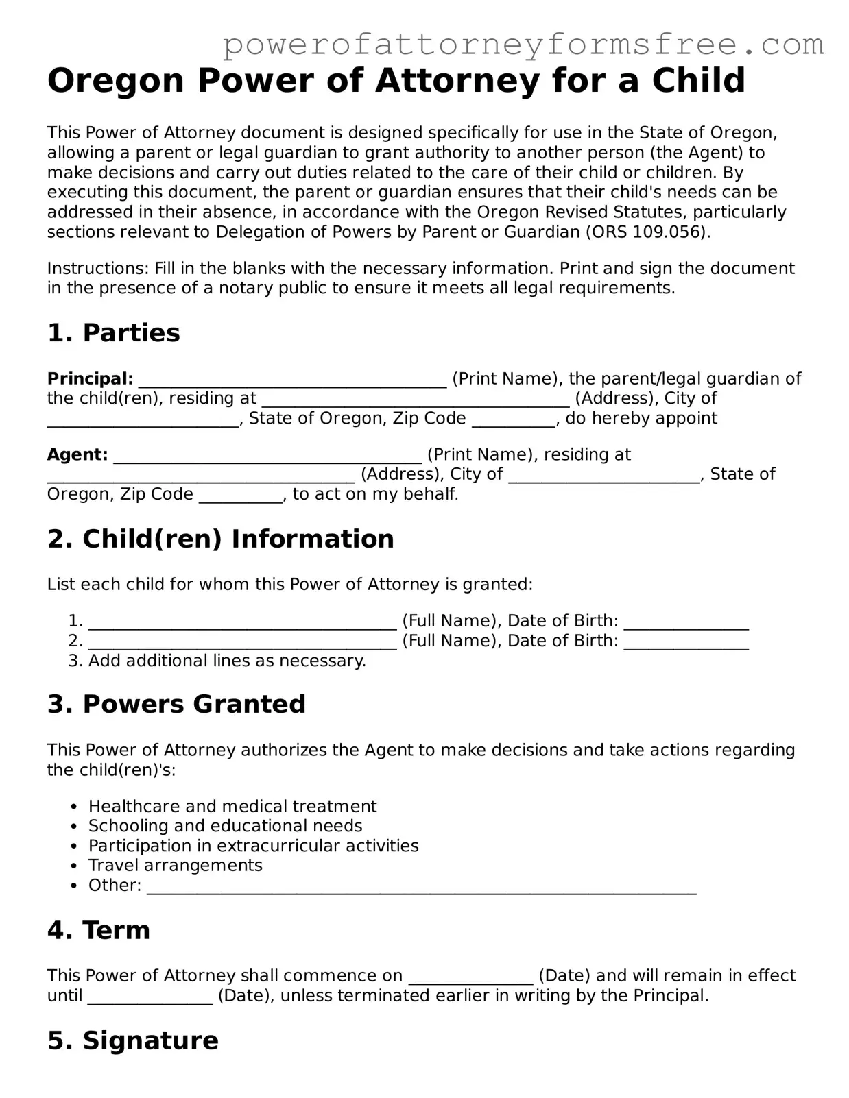 Fillable Power of Attorney for a Child Document for Oregon State