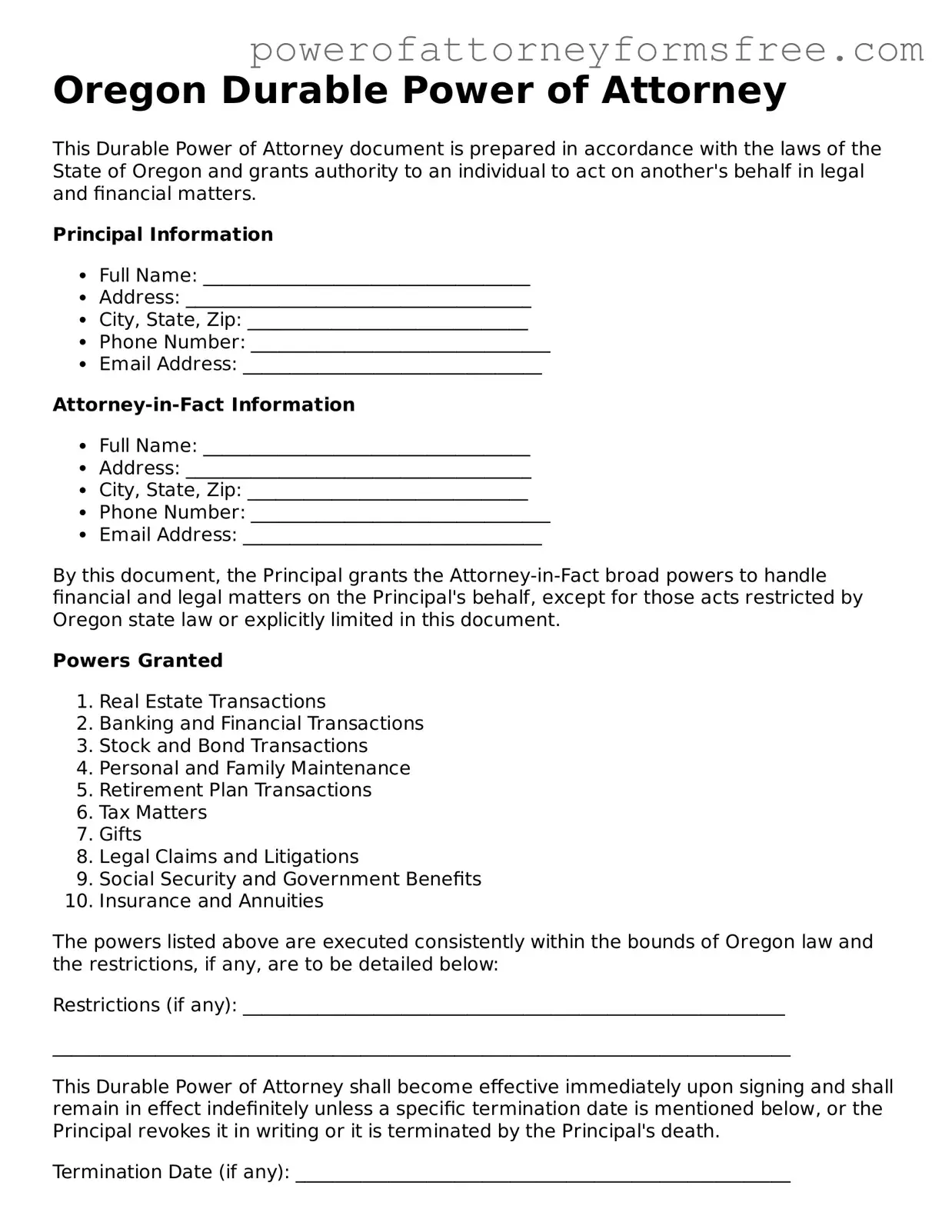 Fillable Durable Power of Attorney Document for Oregon State
