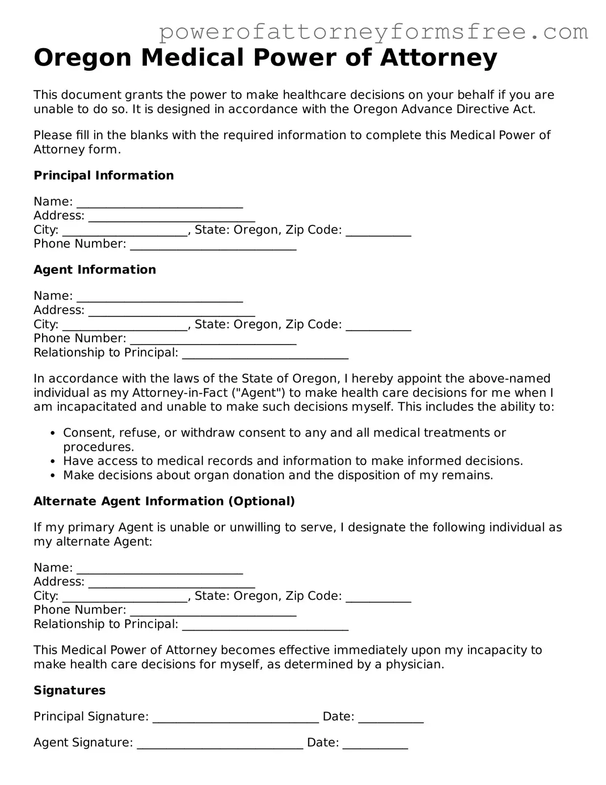 Fillable Medical Power of Attorney Document for Oregon State